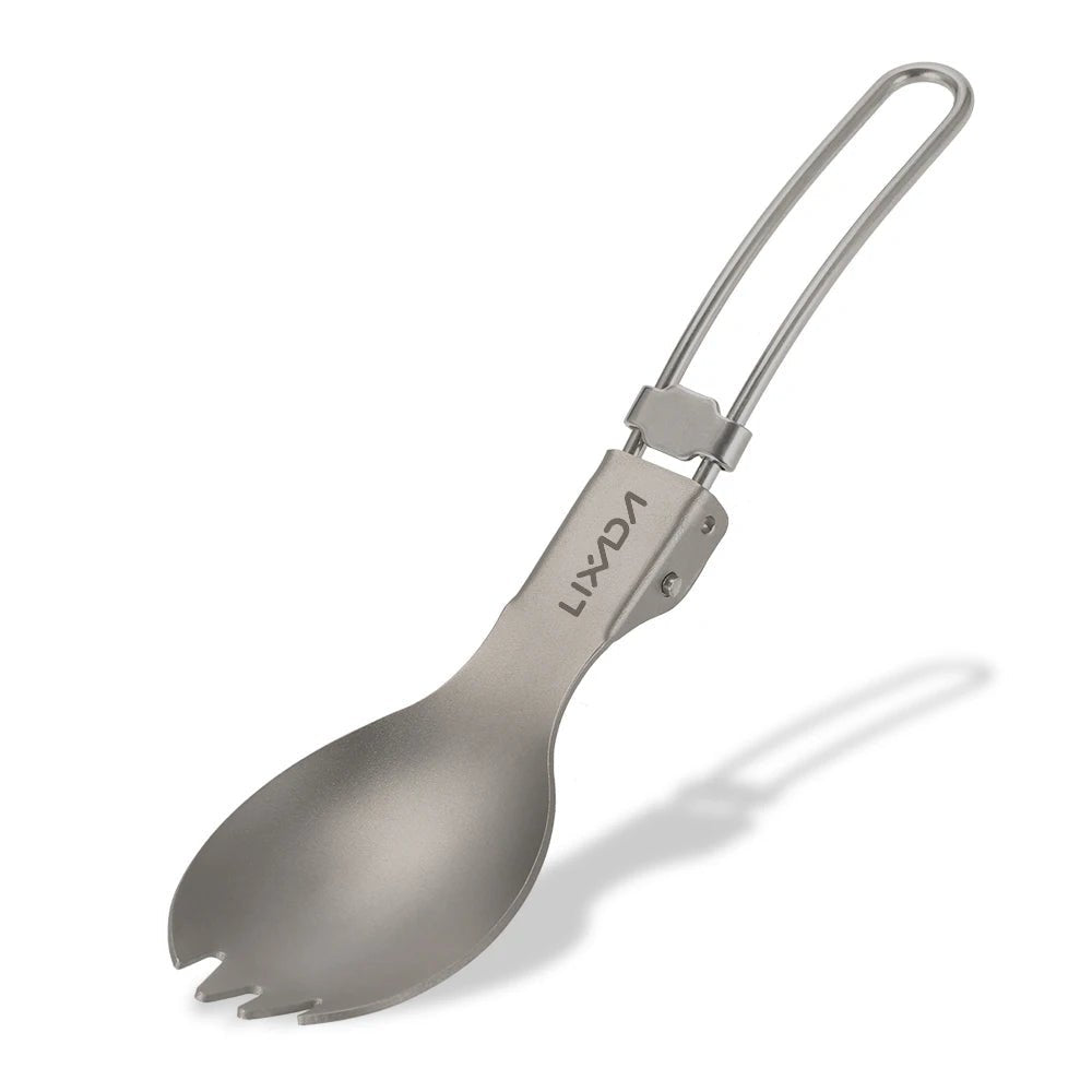 Cuillère à fourchette / cuitochette pliante en titane semi - poli, légère "Lixada - Titanium Folding Spork" - Planète Rando