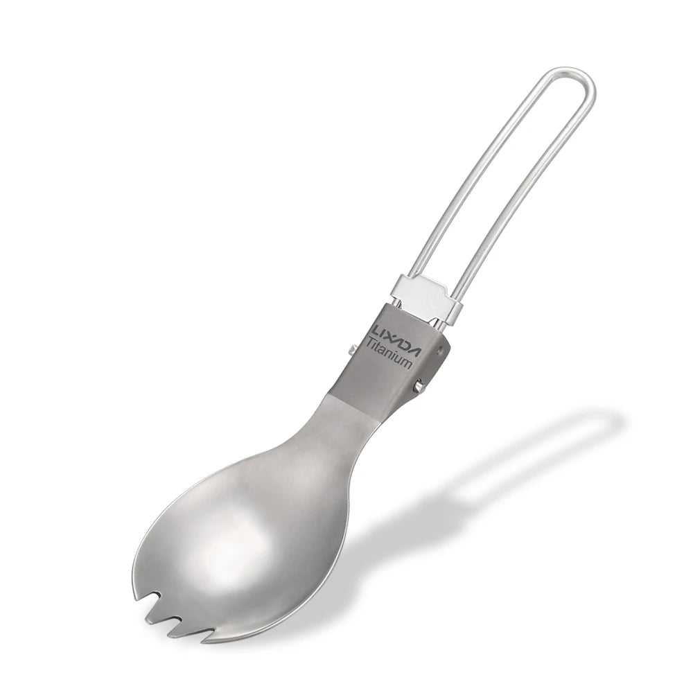 Cuillère à fourchette / cuitochette pliante en titane semi - poli, légère "Lixada - Titanium Folding Spork" - Planète Rando