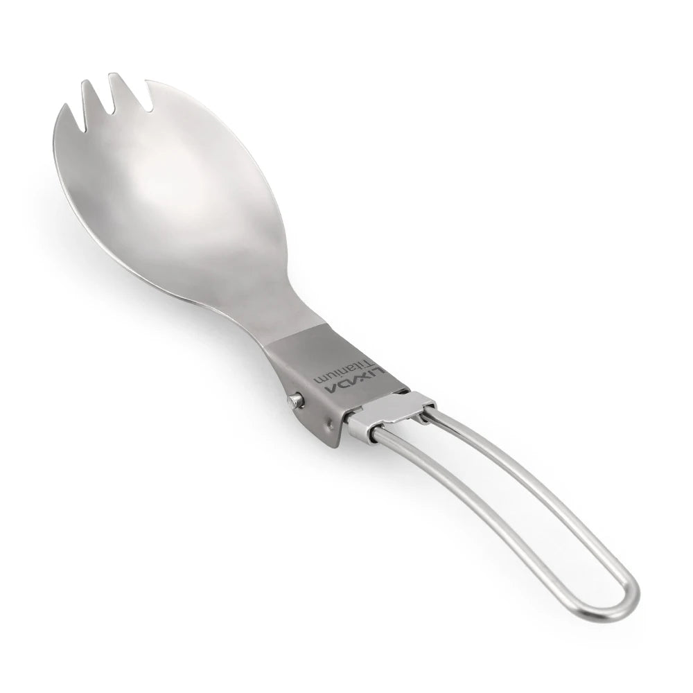 Cuillère à fourchette / cuitochette pliante en titane semi - poli, légère "Lixada - Titanium Folding Spork" - Planète Rando