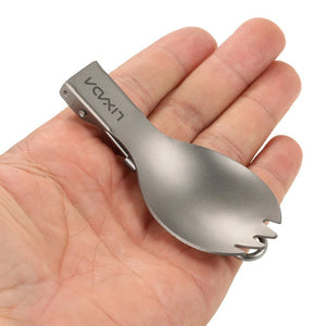 Cuillère à fourchette / cuitochette pliante en titane semi - poli, légère "Lixada - Titanium Folding Spork" - Planète Rando