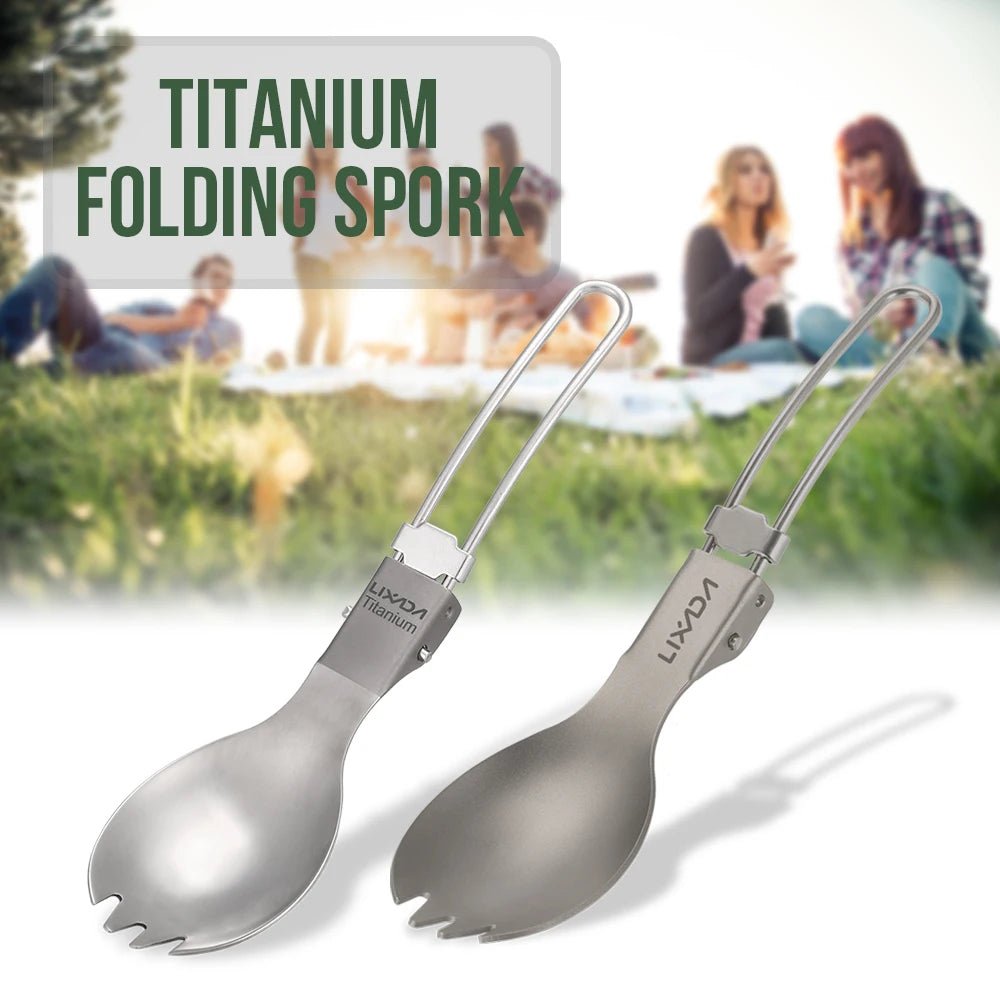 Cuillère à fourchette / cuitochette pliante en titane semi - poli, légère "Lixada - Titanium Folding Spork" - Planète Rando