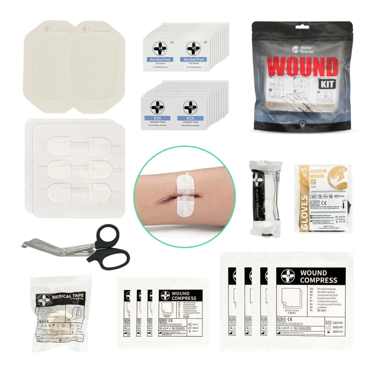 Kit de fermeture complet sans suture avec bandes de fermeture de plaies 6 Pièces "RHINO RESCUE - Wound Closure Kit" - Planète Rando