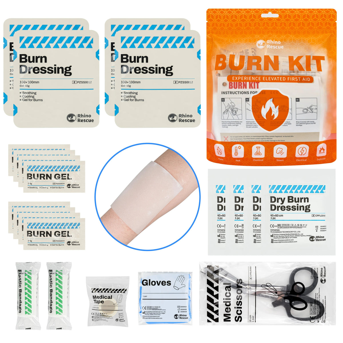 Kit / trousse de premiers soins pour brûlures : pansements, sachets de gel, crème rafraîchissante "RHINO RESCUE - Burn Care Kit" - Planète Rando