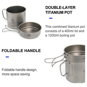 Popote de camping en titane : pot + poêle 1100M avec poignées pliante "Widesea – Titanium Pot" - Planète Rando