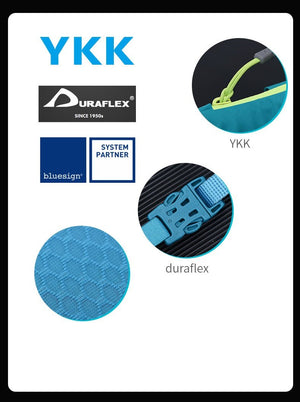 Gros plan du sac à dos d'hydratation AONIJIE – C9107 mettant en valeur une fermeture éclair YKK, une boucle Duraflex et un tissu en nylon élasthanne bleu texturé. Les logos YKK, Duraflex et Bluesign des partenaires du système soulignent son engagement en matière de qualité et de durabilité.