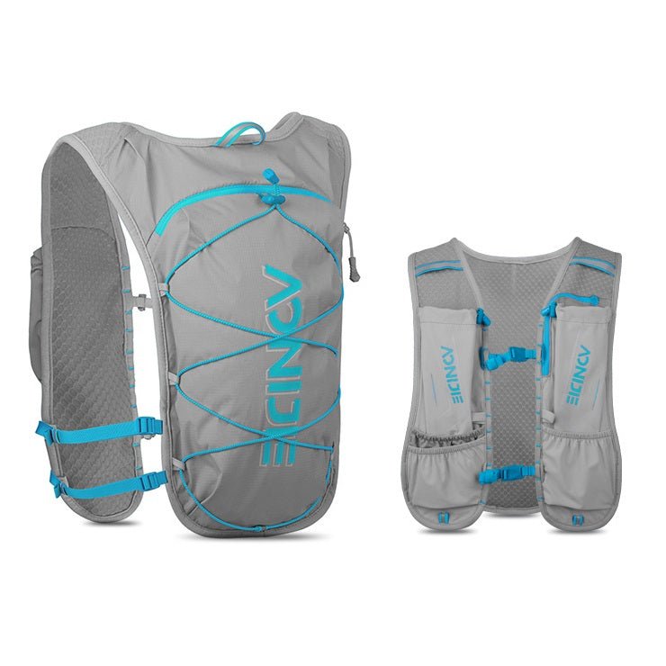 Le sac à dos d'hydratation Aonijie C9107, conçu pour la course à pied et les ultra trails, est un élégant sac en nylon élasthanne gris et bleu pesant 120 g. Il est doté de plusieurs poches et de bretelles réglables pour plus de confort et de commodité.