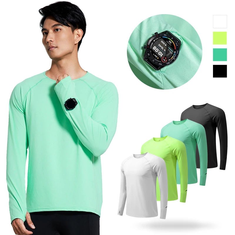 T-Shirt de course manches longues, Anti - UV UPF 50+, séchage rapide, pour homme avec passe - montre running "Queshark - DW154Z" - Planète Rando