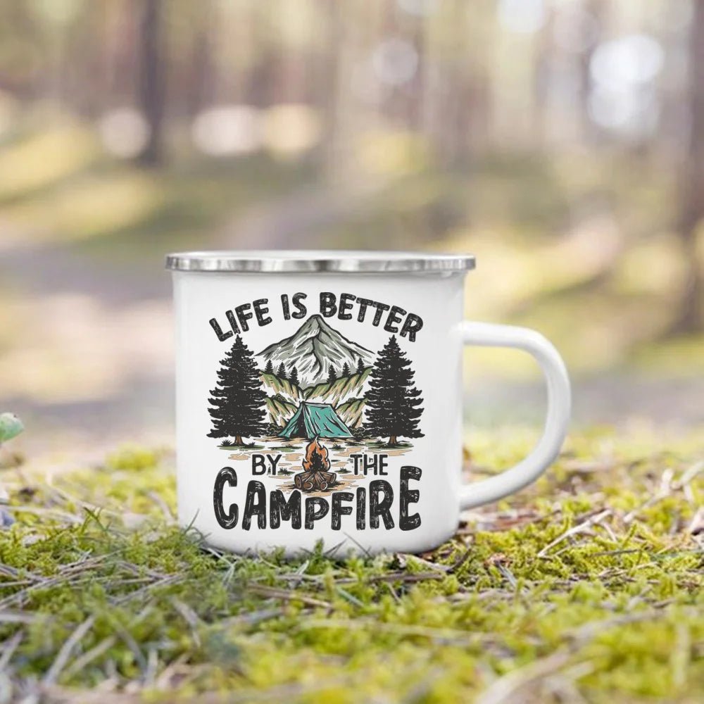 Tasse de camping imprimée en émail 360ml "Camping mug - Adventure life" - Planète Rando