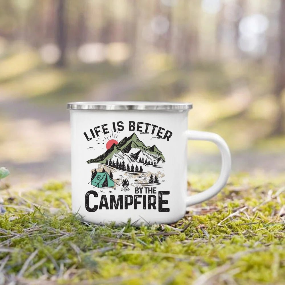 Tasse de camping imprimée en émail 360ml "Camping mug - Adventure life" - Planète Rando