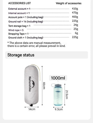 Tente à double - parois ultralégère pour la randonnée, le trekking, le bivouac 2 personnes 930g "Naturehike – Cloud Up Ultralight 10D" - Planète Rando