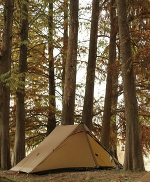 Une tente bivouac ultra-légère 3F UL GEAR - Lanshan 2 pro pour deux personnes, reconnue pour son excellente ventilation, est installée au milieu de grands arbres dans une zone boisée.