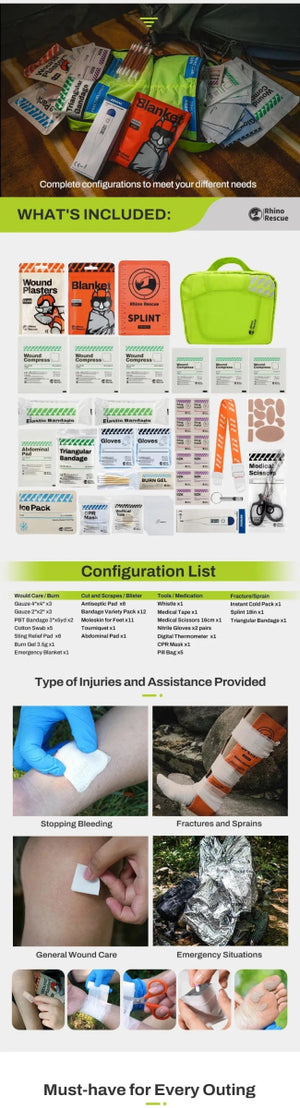 Trousse de premiers secours avec 38 configurations adapté au camping et voyage à partir de 580g "RHINO RESCUE - Outdoor Camping First Aid Kit" - Planète Rando