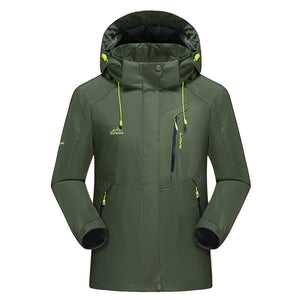 Veste d'extérieur de trekking LNGXO vert olive avec capuche et détails jaunes.