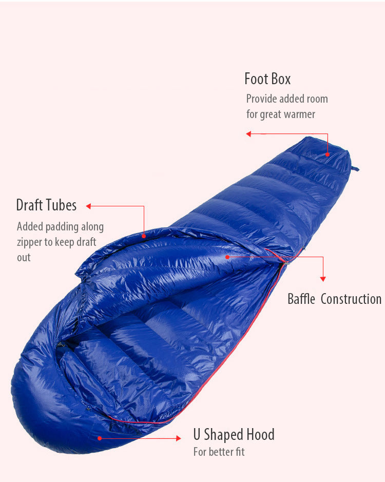 Une image d'un sac de couchage bleu « Sunmoon Camp » parfait pour les aventures en plein air ou le camping en pleine nature.