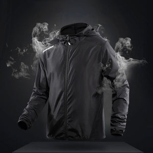 Une veste noire parfaite pour les aventuriers du plein air, avec de la fumée sortant du LNGXO – Chilin Veste de randonnée coupe-vent imperméable pour homme 300g.