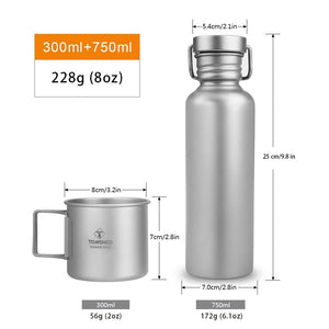 Bouteille d'eau en titane 750ml et tasse de 300ml 230g "Tomshoo – Camp kit" - Kit complet | Planète Rando