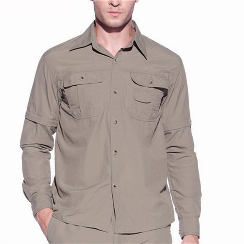 Chemise manches longues 2 en 1 à séchage rapide pour homme "TRVLWEGO - AD099" - Khaki / S | Planète Rando