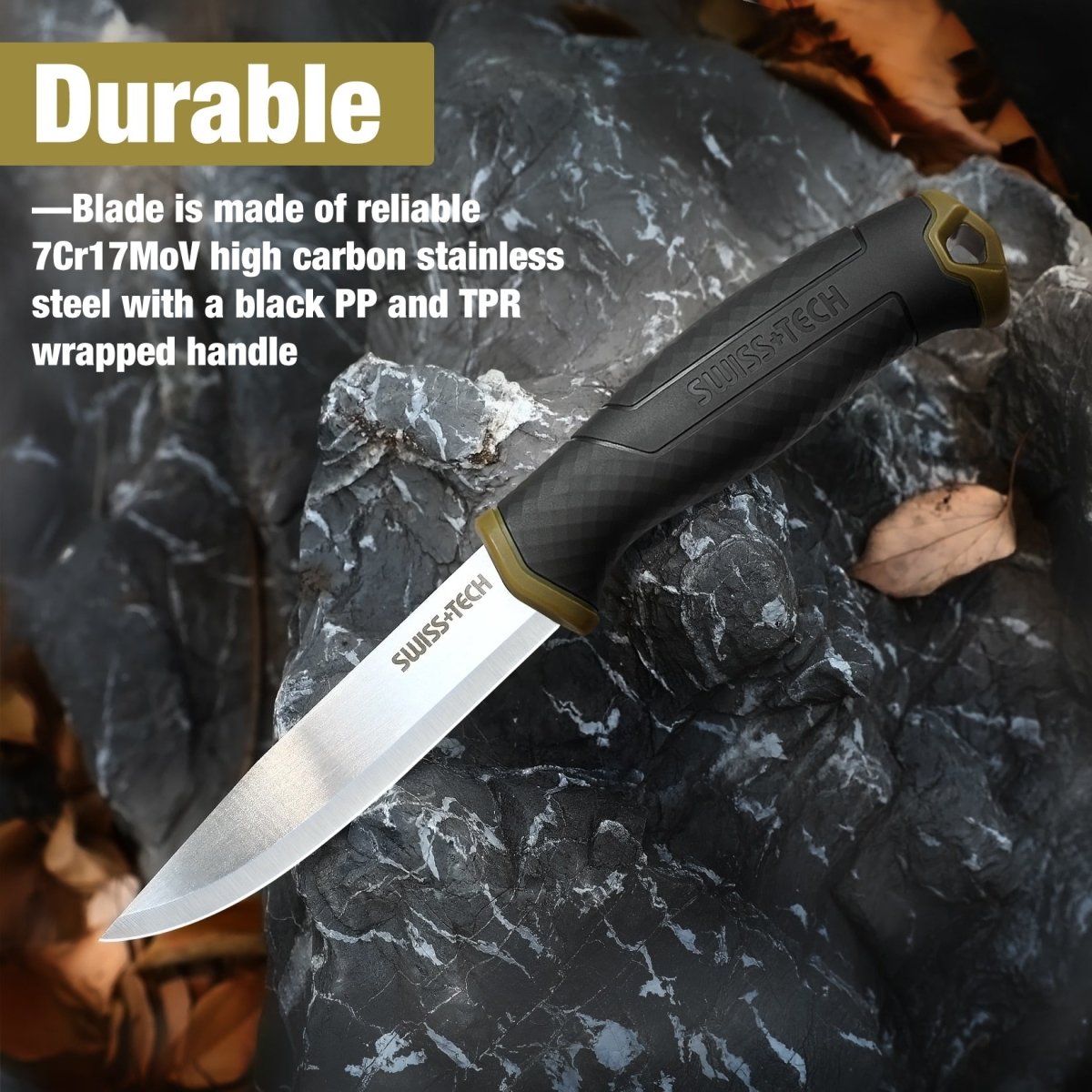 Couteau à lame fixe avec fourreau pour le bushcraft / bivouac 110g "SWISS TECH - ST011032AS" - | Planète Rando