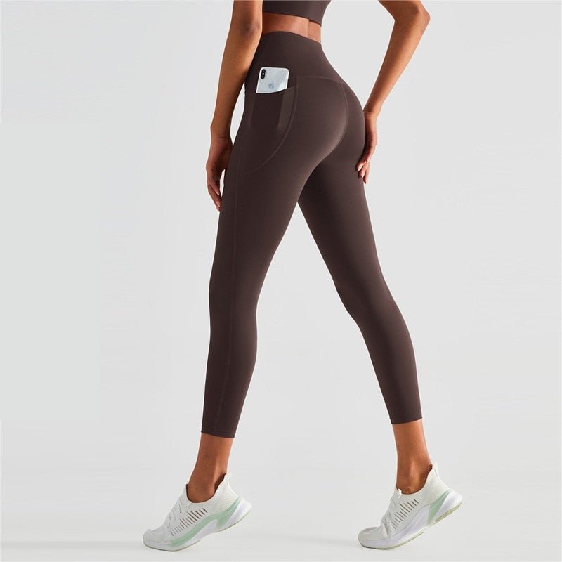 Leggings de sport taille haute avec poches latérales 220g "Dahnvi - Leggings fit" - Café / 36 | Planète Rando