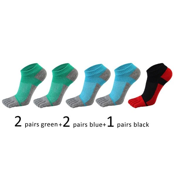 Lot de 5 paires de chaussettes de sport avec orteils respirantes et confortables "Veridical - anti-friction" - 2pcs vert + 2pcs bleu ciel+ 1pc noir/rouge / 38-44 | Planète Rando