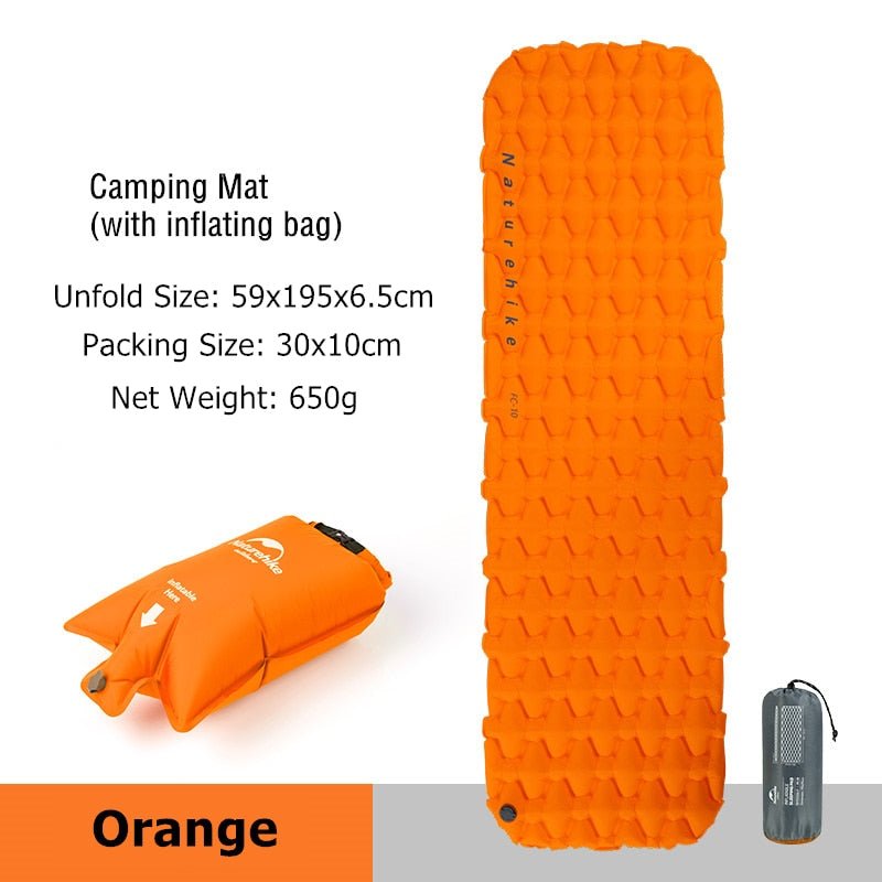 Matelas de couchage gonflable et ultra-léger 500g R 1.8 "Naturehike - NH19Z032-P" - Orange / Matelas + air bag | Planète Rando