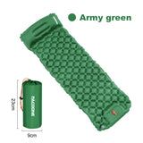 Matelas gonflable de camping/bivouac avec oreiller 550g "PACOONE – SD01" de PACOONE, de couleur vert kaki, au design ultraléger, présenté aux côtés de son sac de transport compact. Le matelas gonflable imperméable ultraléger est présenté entièrement gonflé. Les dimensions du sac de transport sont de 23 cm sur 9 cm.