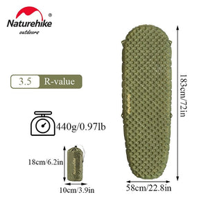 Matelas gonflable ultralight R-Value 3.5 (toute saison) 440g épaisseur 7-9cm "Naturehike - CNH22DZ018" - Vert / L / Momie | Planète Rando