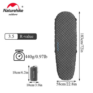 Matelas gonflable ultralight R-Value 3.5 (toute saison) 440g épaisseur 7-9cm "Naturehike - CNH22DZ018" - Gris foncé / L / Momie | Planète Rando