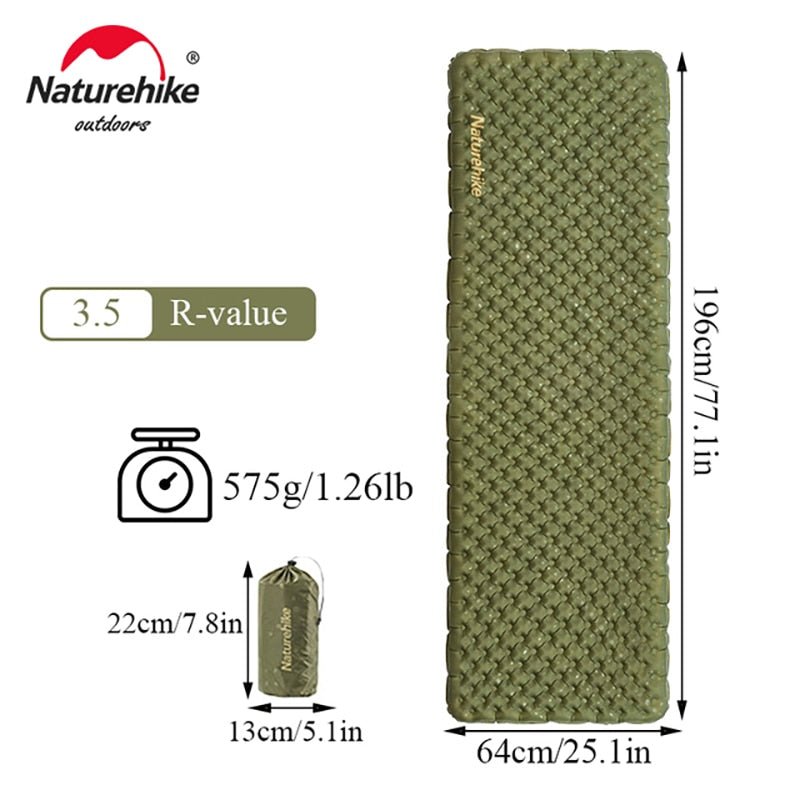 Matelas gonflable ultralight R-Value 3.5 (toute saison) 440g épaisseur 7-9cm "Naturehike - CNH22DZ018" - Vert / L / Rectangulaire | Planète Rando