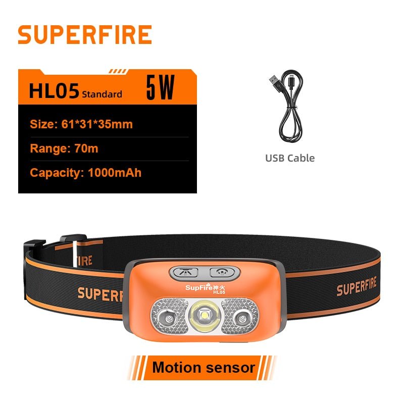 Mini-lampe frontale puissante à LED et rechargeable par USB avec capteur de mouvement "Superfire - HL05 series" - HL05 Orange | Planète Rando