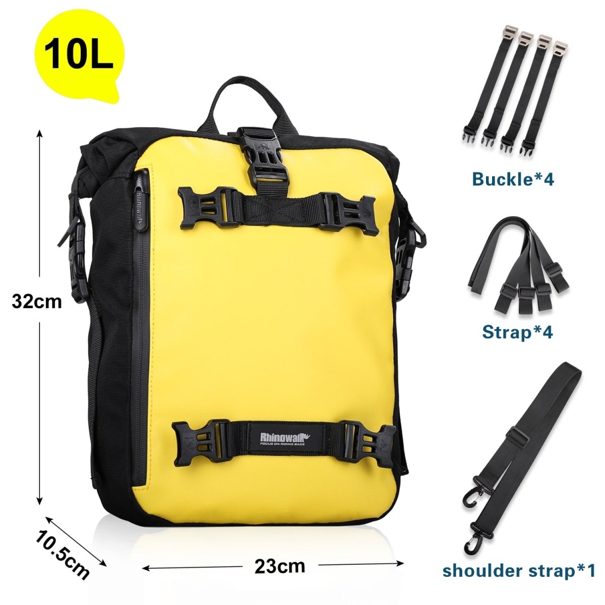 Sacoche de bagage étanche pour moto & vélo 4 en 1 "Rhinowalk - MT21" - Jaune / 10L | Planète Rando