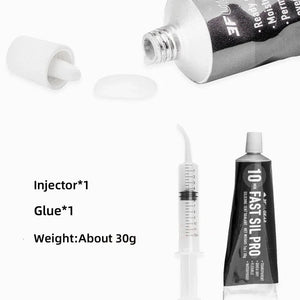 Une seringue et un tube de colle ouvert sont affichés. Le texte à gauche indique le contenu : « Injecteur*1, Colle*1, Sil-Tec - Scellant de couture pour tentes enduites de silicone » et « Poids : environ 30 g ». Le produit est nommé Scellant / colle extérieur pour tente en Nylon et Silicone Double face « Sil-Tec - Scellant de couture » de Sil-Tec.