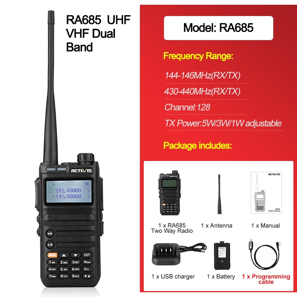 Talkie-talkie portable avec poste radio amateur VHF UHF longue portée 223g "RETEVIS - RA685 /RA85" - RA685 UV with Cable | Planète Rando