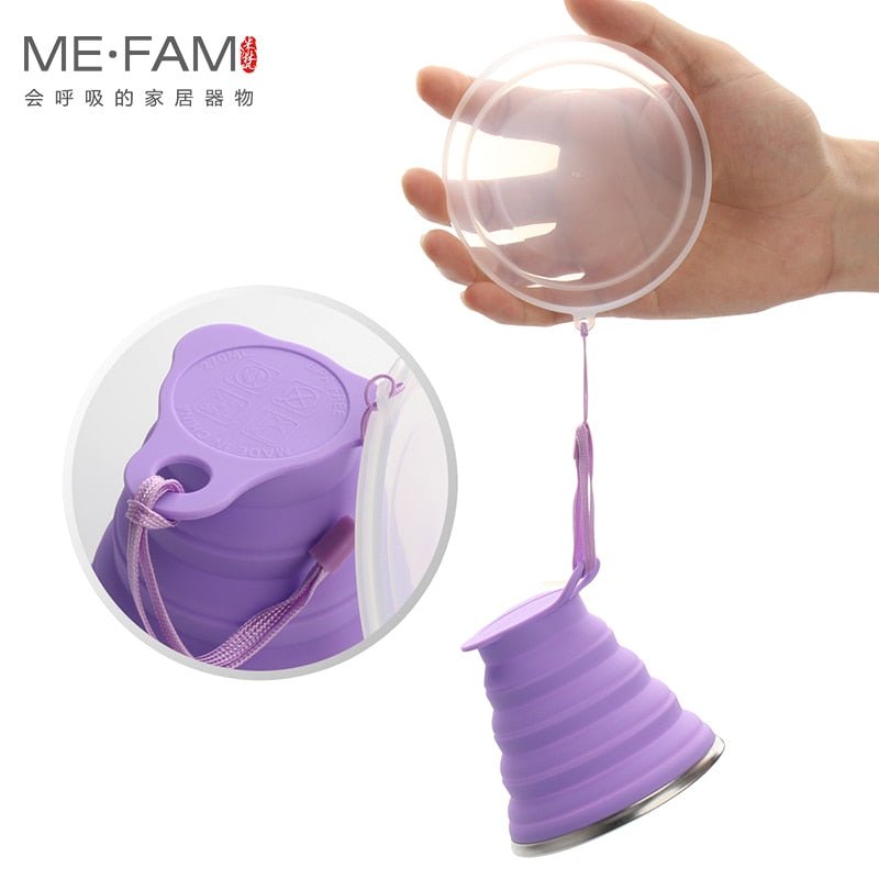 Tasse / cup pliable en silicone alimentaire sans BPA avec couvercle et lanières 72g "ME.FAM - 270 ml" - Planète Rando