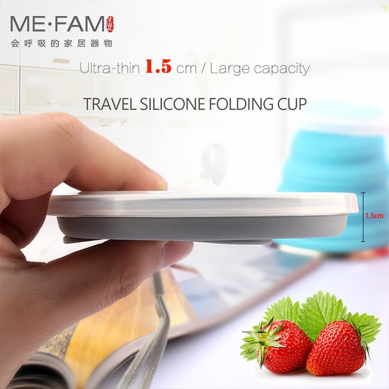 Tasse / cup pliable en silicone alimentaire sans BPA avec couvercle et lanières 72g "ME.FAM - 270 ml" - Planète Rando