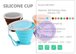 Tasse / cup pliable en silicone alimentaire sans BPA avec couvercle et lanières 72g "ME.FAM - 270 ml" - Planète Rando