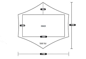 Schéma illustrant les dimensions intérieures de la « Tente de bivouac ultra-légère pour 2 personnes à simple-paroi 1,2kg, 3F UL GEAR - Lanshan 2 pro », mesurant 230 cm sur 120 cm et dotée d'un double tissu en silicone. Le double toit de la tente extérieure s'étend jusqu'à 270 cm sur 270 cm, assurant une bonne ventilation. Des mesures supplémentaires sont indiquées à différentes sections pour plus de clarté.