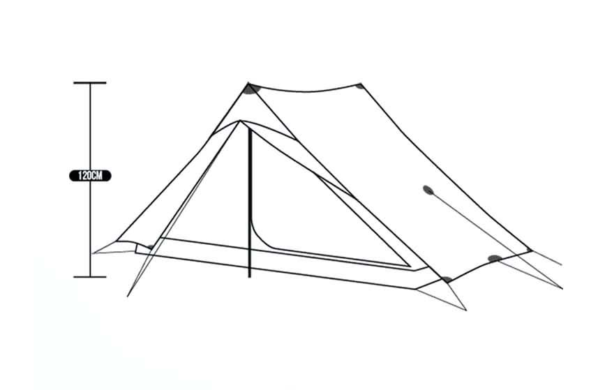 Schéma de la tente bivouac ultra-légère 3F UL GEAR "Lanshan 2 pro", d'une hauteur de 120 cm, équipée de piquets et haubans de maintien. Elle est équipée d'un double tissu en silicone pour une durabilité accrue.