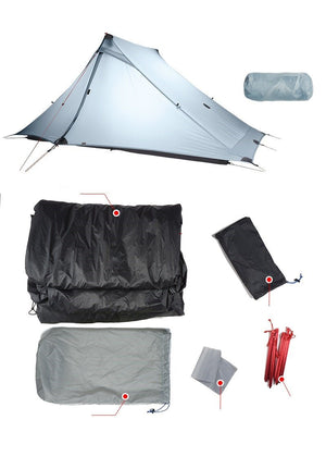 L'ensemble Tente de Bivouac Ultra-légère pour 2 personnes à simple-paroi 1,2kg "Lanshan 2 pro" de 3F UL GEAR comprend une tente montée, un sac de transport, des piquets et un tapis de sol sur fond blanc. Il offre une excellente ventilation et est doté d'un double tissu de silicone pour une durabilité accrue.