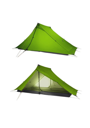 La « 3F UL GEAR - Lanshan 2 pro » présente deux vues : l'extérieur d'une tente bivouac ultra-légère verte pour deux personnes et, avec l'entrée ouverte, un intérieur renforcé de double tissu de silicone pour une durabilité accrue.