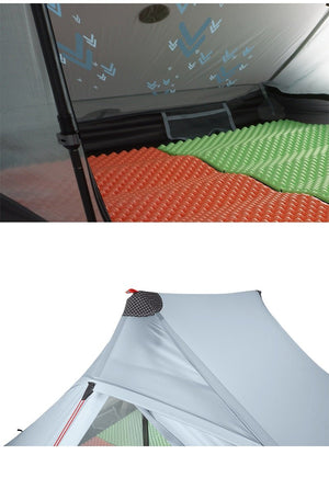 Les vues intérieures et extérieures de la tente bivouac « 3F UL GEAR - Lanshan 2 pro » révèlent ses poutres gonflables, complétées par des tapis de couchage orange et verts à l'intérieur. Le tissu double silicone durable améliore la longévité, tandis qu'une bonne ventilation assure une expérience de camping confortable pour deux personnes.